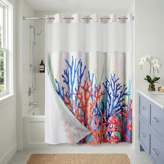 Americanflat 72x75 Hookless Shower Curtain - Water-Resistant Coral Reef Shower Curtain with Sheer Panel, Snap-in Liner, and Grommets - 100% Polyester - Cobalt Blue, Coral Red, Seafoam Green and White