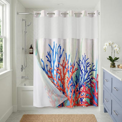 Americanflat 72x75 Hookless Shower Curtain - Water-Resistant Coral Reef Shower Curtain with Sheer Panel, Snap-in Liner, and Grommets - 100% Polyester - Cobalt Blue, Coral Red, Seafoam Green and White
