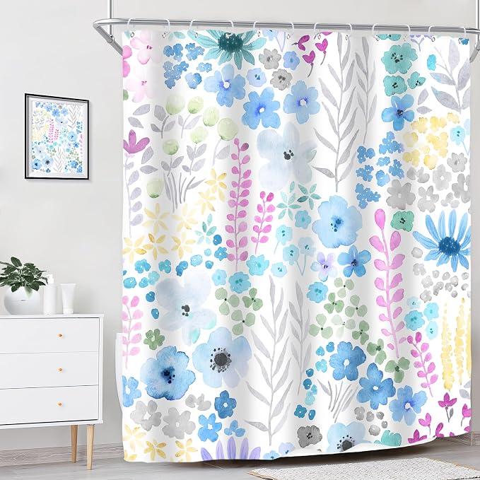 Blue Floral Girls Kids Boho Cute Wildflower Art Bathroom Shower Curtain Set | 60"W x 72"H Watercolor Leaves; waterproof HD print, quick-dry fabric with 12 hooks for easy hanging.