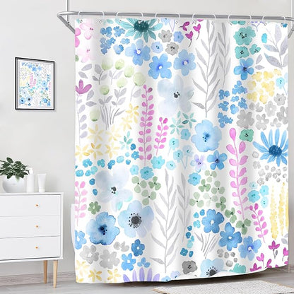 Blue Floral Girls Kids Boho Cute Wildflower Art Bathroom Shower Curtain Set | 60"W x 72"H Watercolor Leaves; waterproof HD print, quick-dry fabric with 12 hooks for easy hanging.