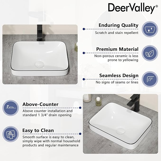 DeerValley Vessel Sink Rectangular, Liberty 15.94"x12.01" White Semi Recessed Bathroom Sink with Black Rim Ceramic Porcelain Rectangle Bathroom Vessel Sink Above Counter Vanity Sink Basin DV-1V0347