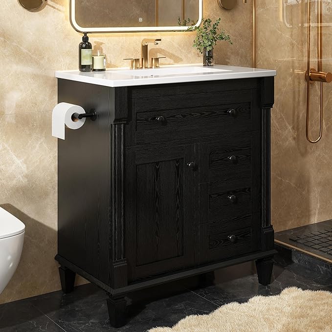 LIKIMIO 30 Inch Bathroom Vanity with Sink, Towel Holder & Adjustable Solid Wood Legs for Uneven Floor, Modern Bathroom Storage Cabinet with Tip-Out Drawer, 2 Drawers & Adjustable Shelf, Black