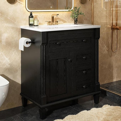 LIKIMIO 30 Inch Bathroom Vanity with Sink, Towel Holder & Adjustable Solid Wood Legs for Uneven Floor, Modern Bathroom Storage Cabinet with Tip-Out Drawer, 2 Drawers & Adjustable Shelf, Black