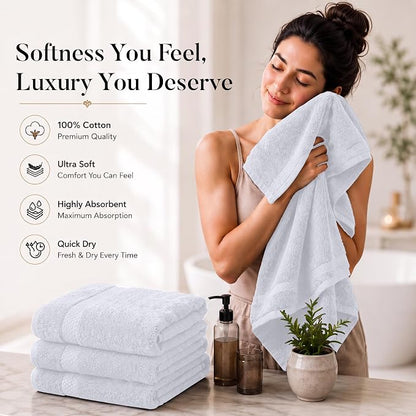 DAN RIVER 600 GSM Cotton Large Bath Towels Set of 4, 27 x 54 Inches, White | Larger & Lighter Weight Towels for Bathroom - Highly Absorbent & Quick Dry 100% Cotton Bath Towel Set for Home, Spa & Hotel