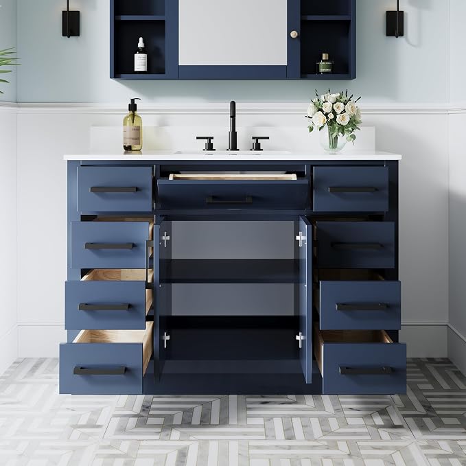 48-Inch Bathroom Vanity with Sink W/ 2 Doors & 8 Drawers & 1 Flip Drawer, Navy Blue Vanity W/Matte Black Handles