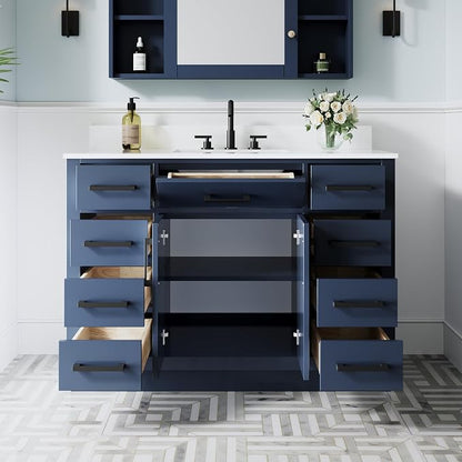 48-Inch Bathroom Vanity with Sink W/ 2 Doors & 8 Drawers & 1 Flip Drawer, Navy Blue Vanity W/Matte Black Handles