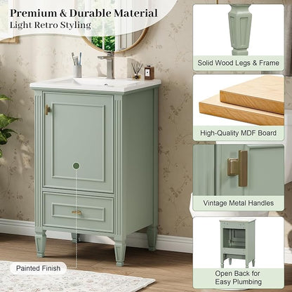 Merax 20 Inch Small Bathroom Vanity with Sink, Vanity Cabinet with Bottom Drawer and Door Rack Organizer, Adjustable Shelf, Green