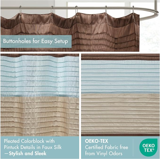Madison Park Amherst Bathroom Shower Curtain Faux Silk Pieced Striped Modern Microfiber Bath Curtains, 72x72" Inches, Blue | Modern Classic, Light Sheen, Pieced, Striped, Microfiber, Machine Washable, OEKO-TEX Certified, Amherst