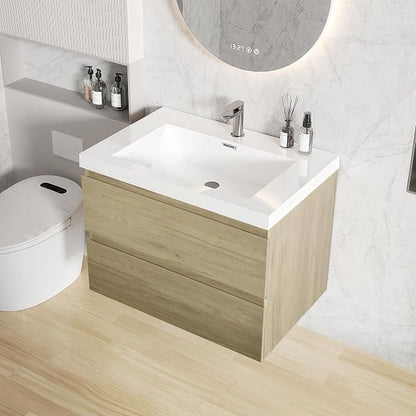 30 Inch Floating Bathroom Vanity with Sink, Large Storage Wall Mounted Floating Vanity with Soft Close Drawers, One-Piece Basin Bathroom Sink Cabinet (Natural Oak, 30")