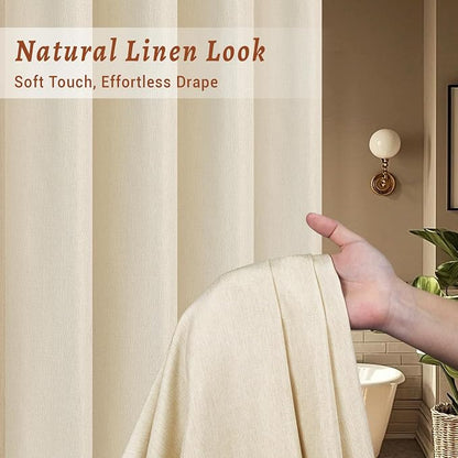 WONICY No Hook Linen Look Shower Curtain with Snap-in Liner, Cream, 71 x 77 | Ringless, Waterproof & Washable, Hotel Style, Mesh Top Window, Bottom Magnets, Thick, Farmhouse, for Bathroom