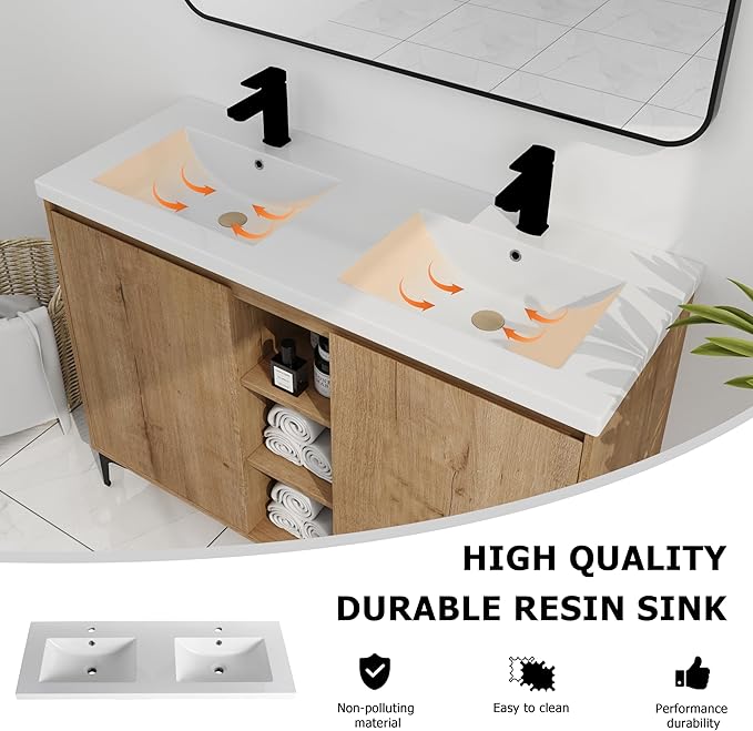 Pvillez 48 inch Double Sink Bathroom Vanity, Freestanding Double Bathroom Vanity with Resin Sink Basin Top, Modern Wood Bathroom Vanity Cabinet with 2 Soft Close Doors & 3 Open Storage Compartments