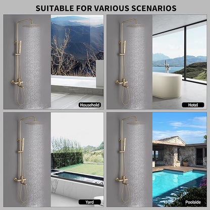 Exposed Shower System 10" Brushed Gold Rainfall Shower Head with 2 Modes Handheld and Tub Faucet Set, Square Shower Head 3 Functions Outdoor Shower Fixtures with Brass Valve, Height Adjustable