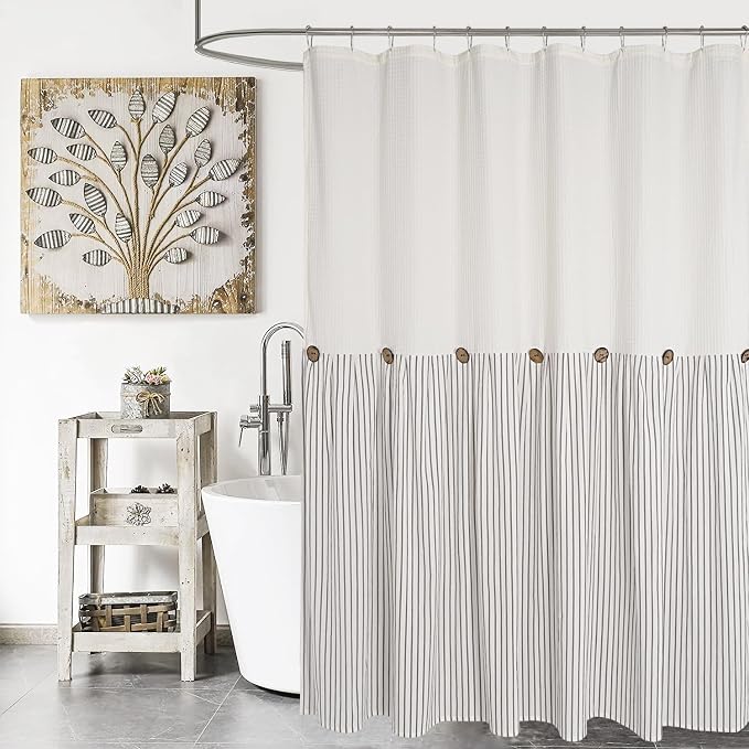 DOSLY IDÉES Farmhouse Shower Curtain,Beige and Gray Striped,Button Curtain,Spa Waffle and Cotton Woven Fabric,Rustic Charm Country Chic Style,72x78 in