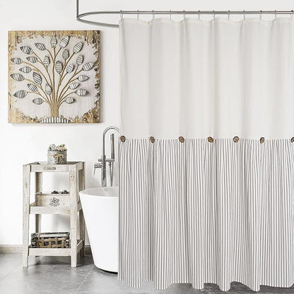 DOSLY IDÉES Farmhouse Shower Curtain,Beige and Gray Striped,Button Curtain,Spa Waffle and Cotton Woven Fabric,Rustic Charm Country Chic Style,72x78 in
