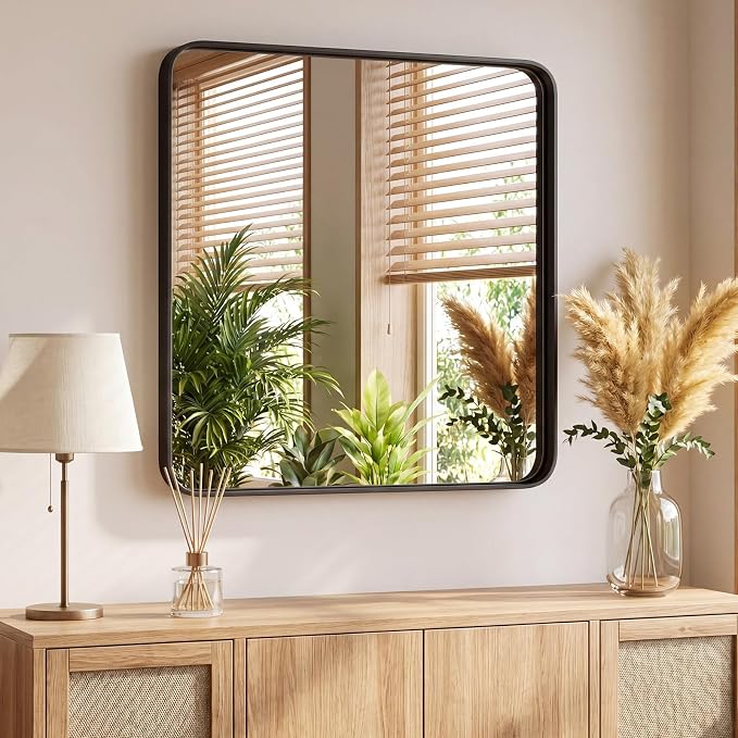 Sweetcrispy Bathroom Mirror 30x30 Inch, Vanity Mirror for Wall | Metal Framed Rounded Rectangle, Over Sink, Farmhouse, Restroom, Anti-Rust, Horizontal or Vertical Hanging, Black