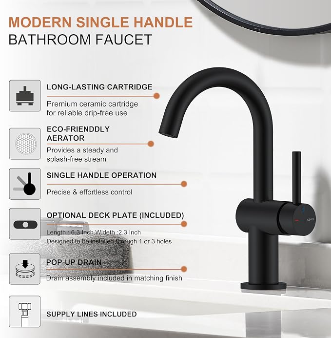 Matte Black Bathroom Faucet Single Handle, Single Hole Vanity Faucet | Bathroom Sink Faucet with Pop Up Drain & 6 Inch Deck Plate, Lead-Free cUPC & NSF Certified, 1 Handle Faucet for Vanity RV Bar