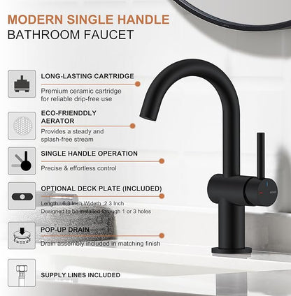 Matte Black Bathroom Faucet Single Handle, Single Hole Vanity Faucet | Bathroom Sink Faucet with Pop Up Drain & 6 Inch Deck Plate, Lead-Free cUPC & NSF Certified, 1 Handle Faucet for Vanity RV Bar
