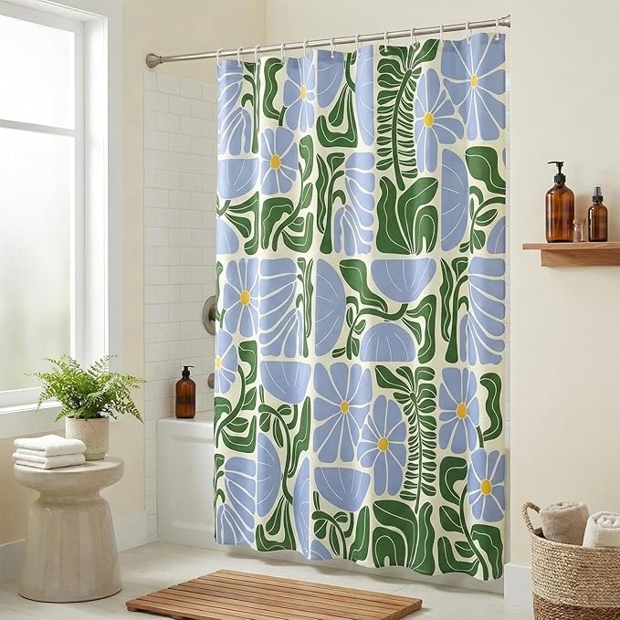 Abstract Geometric Floral Shower Curtain, Cute Blue and Green Boho Floral Pattern, Waterproof Polyester Fabric Shower Curtains Sets with Hooks for Bathroom 72x72 Inches