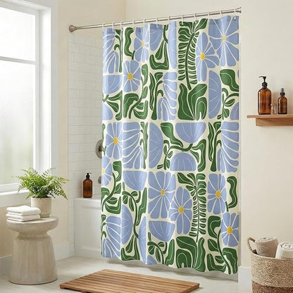 Abstract Geometric Floral Shower Curtain, Cute Blue and Green Boho Floral Pattern, Waterproof Polyester Fabric Shower Curtains Sets with Hooks for Bathroom 72x72 Inches