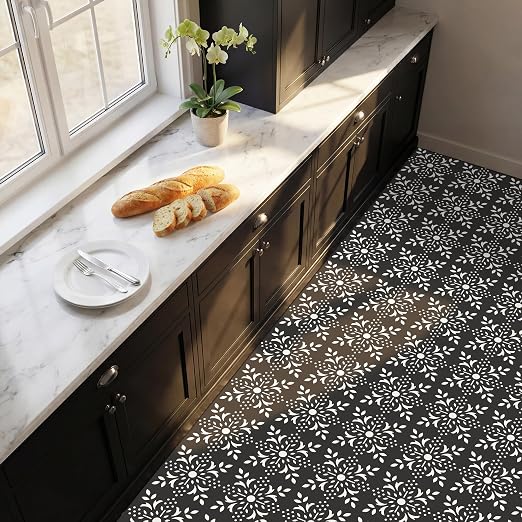 MORCART 20 Pcs Peel and Stick Floor Tile, 7.87"x 7.87" Vinyl Flooring Waterproof, DIY Flooring for Bathroom, Kitchen, Fireplace, Stairs, Bedrooms, Wall, Pantry Room Black White