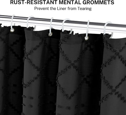Stall Boho Black Woven Fabric Shower Curtain with Tassels 42 x 72 Modern Farmhouse Minimalist Tufted Chevron Striped Shabby Chic Textured, Water Resistant Curtain for Bathroom, Hotel Decor