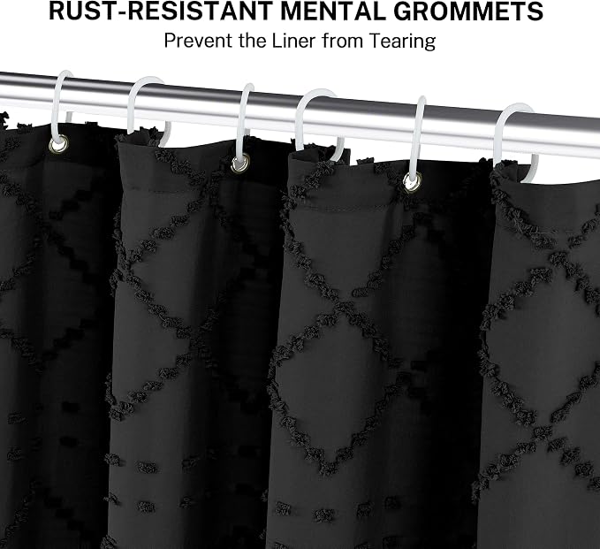 Boho Black Woven Fabric Shower Curtain with Tassels 60 x 72 Modern Farmhouse Minimalist, Tufted Chevron Striped Shabby Chic Textured, Water Resistant Cloth Curtain for Bathroom, Hotel Decor