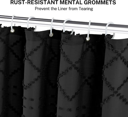 Stall Boho Black Woven Fabric Shower Curtain with Tassels 42 x 72 Modern Farmhouse Minimalist Tufted Chevron Striped Shabby Chic Textured, Water Resistant Curtain for Bathroom, Hotel Decor