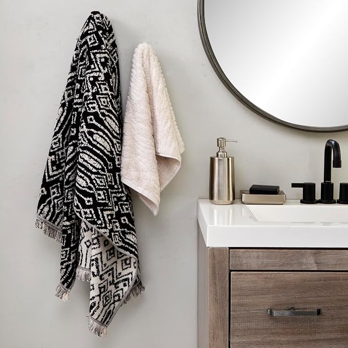 SKL Home CloudSoft/Nador Bath Towel Set-6pc, 100% Cotton, Oatmeal/Black | 2 Bath towels, 2 hand towels, 2 washcloths. 600 GSM. Soft & absorbent, reversible jacquard. Premium spa-level quality.