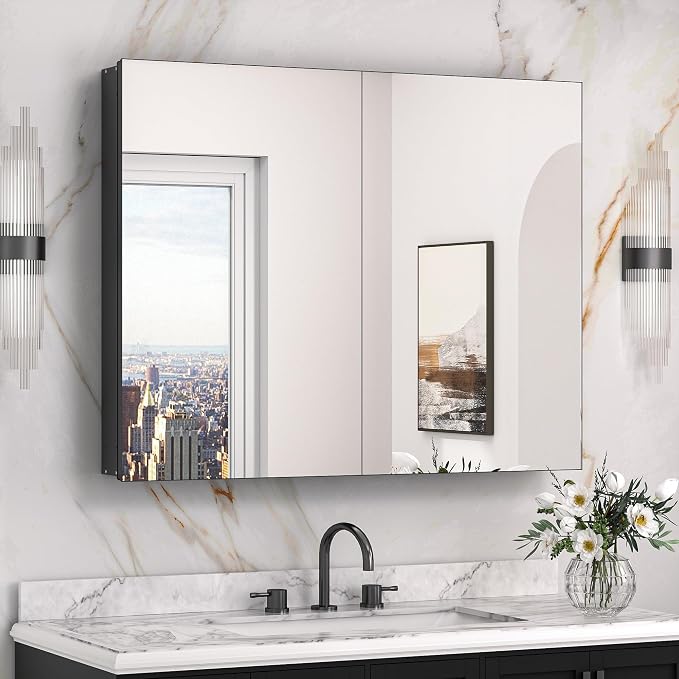 Keonjinn 40" x 32" Large Black Medicine Cabinet Mirror, Safe Tempered Glass | Assembly Needed, Freely Adjustable Shelves, Recessed or Wall Mount, Ample Storage, Soft Closing DTC Hinges, Lightweight