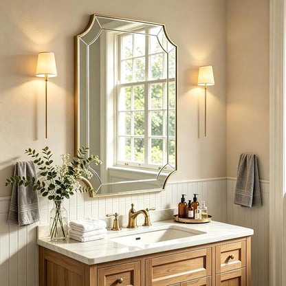 24x36 Scalloped Mirror, Gold Rectangle Wall Mirror with Scallop Corner, Non-Rusting Vanity Mirror with Curved Cutouts Hangs Horizontal & Vertical
