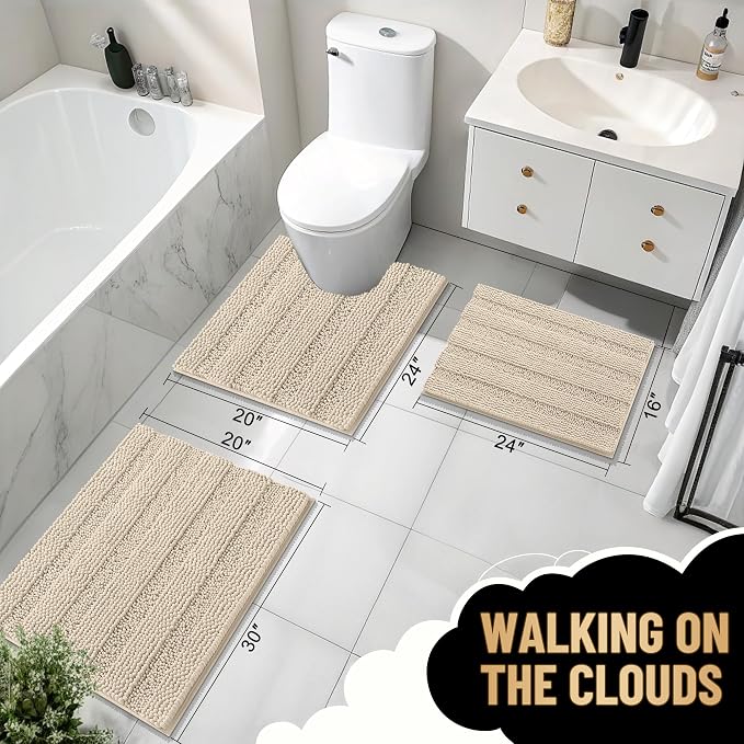 OLANLY Thick Bathroom Runner Rugs 59x20, Soft Chenille Long Bath Rugs, Sand | Absorbent Striped, Rubber Backing, Machine Wash, Bath Mats for Bathroom Floor, Tub and Shower, Home Decor Accessories