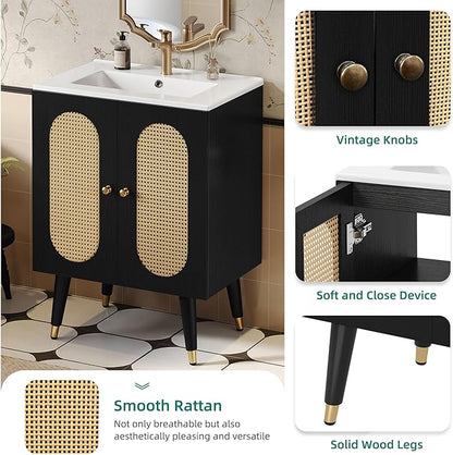 DWVO 24 Inch Rattan Vanity with Sink, Small Freestanding Bathroom Vanity Cabinet, Boho Style with 2 Large Soft-Closing Doors & Four-Sided Water Barrier Strip, Black
