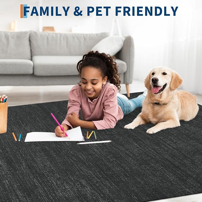 Garvee 9x12 Black Rug for Living Room Modern Solid Color Washable Area Rug | Non Slip Backing Non Shedding Stain Resistant Low Pile Ultra Soft Thin Foldable Rug for Bedroom Nursery Dining Room