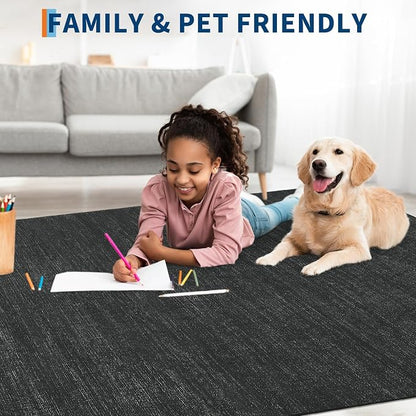 Garvee 9x12 Black Rug for Living Room Modern Solid Color Washable Area Rug | Non Slip Backing Non Shedding Stain Resistant Low Pile Ultra Soft Thin Foldable Rug for Bedroom Nursery Dining Room