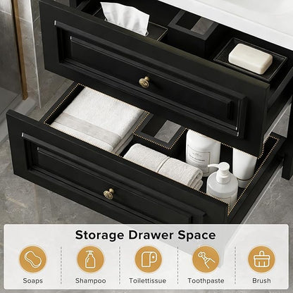24" Bathroom Vanity with Sink, Floating Bathroom Vanity with with Marble Ceramic Basin Top and 2 Storage Drawers, Modern Storage Cabinet for Small Space, Black