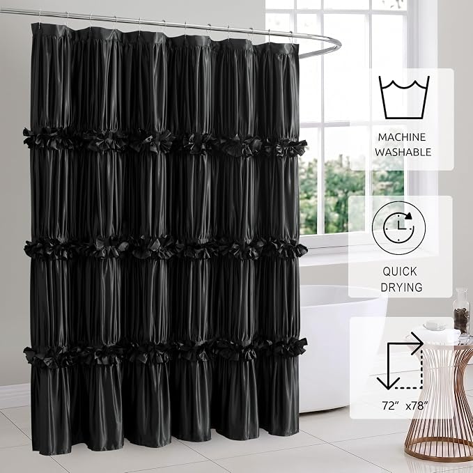 Victorian Ruffle Black Shower Curtain 72x78 Inches Long | Vintage Handcrafted Bow Tie Bath Curtain for Master Bathroom, Ruched Satin Bathroom Curtain with 12 Buttonholes (LQ-10)