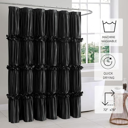 Victorian Ruffle Black Shower Curtain 72x78 Inches Long | Vintage Handcrafted Bow Tie Bath Curtain for Master Bathroom, Ruched Satin Bathroom Curtain with 12 Buttonholes (LQ-10)