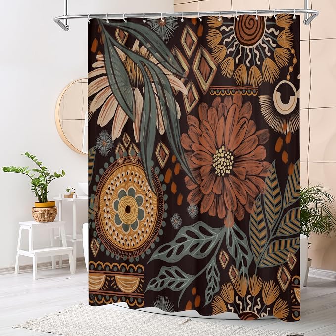 Dark Floral Shower Curtain, Vintage Botanical Boho Fabric Curtain, 72 x 78 | Boho Chic Floral, Vintage Botanical, Modern Farmhouse, Eclectic Rustic, Colorful Flowers, Fabric Shower Curtain