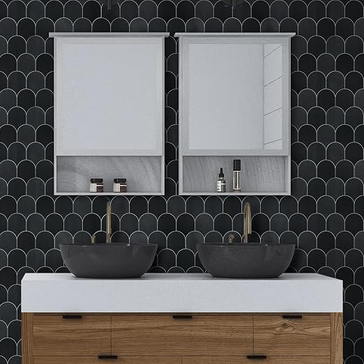 SUNWINGS 10-Sheet Fish Scale Peel and Stick Backsplash Tile, 11.4'' x 10.9" Stone Composite Scallop Handmade Looks Self-Adhesive Wall Tiles for Kitchen Bathroom, Black