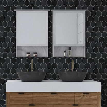 SUNWINGS 10-Sheet Fish Scale Peel and Stick Backsplash Tile, 11.4'' x 10.9" Stone Composite Scallop Handmade Looks Self-Adhesive Wall Tiles for Kitchen Bathroom, Black