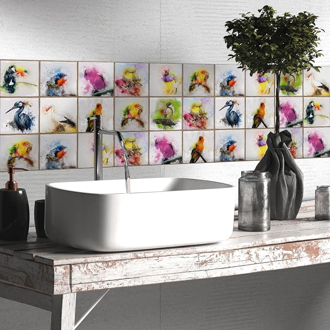 Alwayspon Vinyl Sticker Peel and Stick, Self-Adhesive Wall Tile Transfers Backsplash Sticker Decal for Kitchen Bathroom, 6x6inch/15x15cm 30Pcs, Birds T033