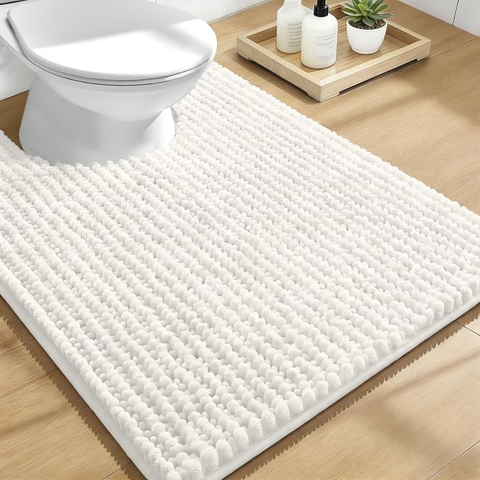 OLANLY Thick Chenille Toilet Rugs U-Shaped 24x20, Ivory | Soft Absorbent Shaggy Contour Bathroom Rugs for Toilet, Dry Quickly, Machine Washable, Non-Slip Bath Mat