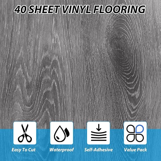 40 Sheet Vinyl Flooring 12” x 12” Peel and Stick Floor Tile Waterproof Clearance Vinyl Floor Tiles Wood Grey Self Adhesive Floor Tiles Sticky Laminate Flooring for Bathroom Kitchen Basement RV