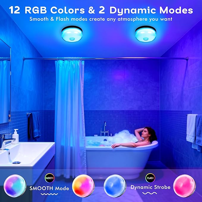 Rechargeable Shower Light for Inside Shower, 15 Color Changing Waterproof Lights for Shower Bathroom with Remote Timer Dimmable, Wireless Mood Lighting for Bathroom Closet Bedroom,Livingroom,2 Pack