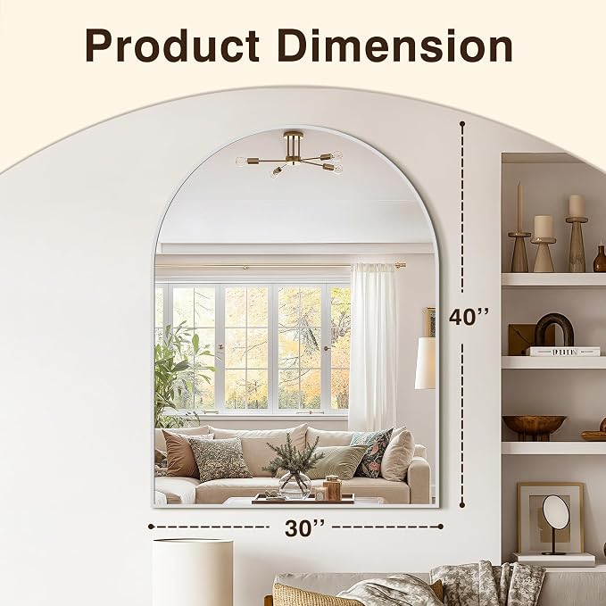 Arched Bathroom Vanity Mirror for Over Sink, 40”x30”, Silver | HD Tempered Glass, Anti-Rust Metal Frame, Hanging or Leaning, Wall Mirrors for Bathroom Sink, Bedroom, Living Room, Entryway