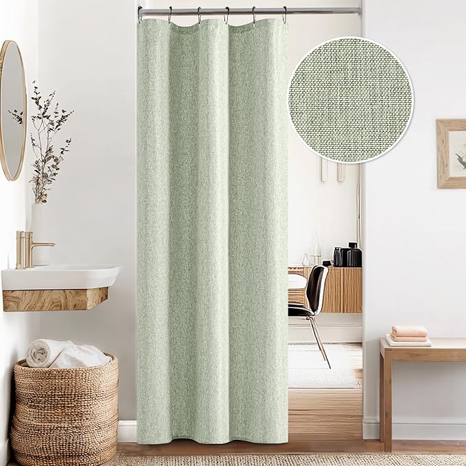 ANRODUO Linen Shower Curtain, Farmhouse Fabric Shower Curtain Set with 6 Metal Hooks, Waterproof Heavy Duty Textured Polyester, Button Hole Design, Machine Washable for Bathroom, W36xL72, Sage Green