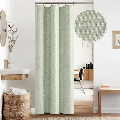 ANRODUO Linen Shower Curtain, Farmhouse Fabric Shower Curtain Set with 6 Metal Hooks, Waterproof Heavy Duty Textured Polyester, Button Hole Design, Machine Washable for Bathroom, W36xL72, Sage Green