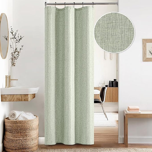 ANRODUO Linen Shower Curtain, Farmhouse Fabric Shower Curtain Set with 6 Metal Hooks, Waterproof Heavy Duty Textured Polyester, Button Hole Design, Machine Washable for Bathroom, W36xL72, Sage Green