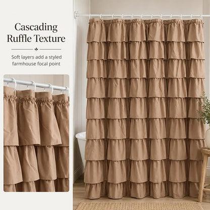 Ruffle Shower Curtain, Light Brown Farmhouse Design for Girl, Elegant Privacy & Cute, Boho Bathroom Decor, Decorative Bath Curtains, Vintage Beige, Modern Country Style, 36 x 72 inches