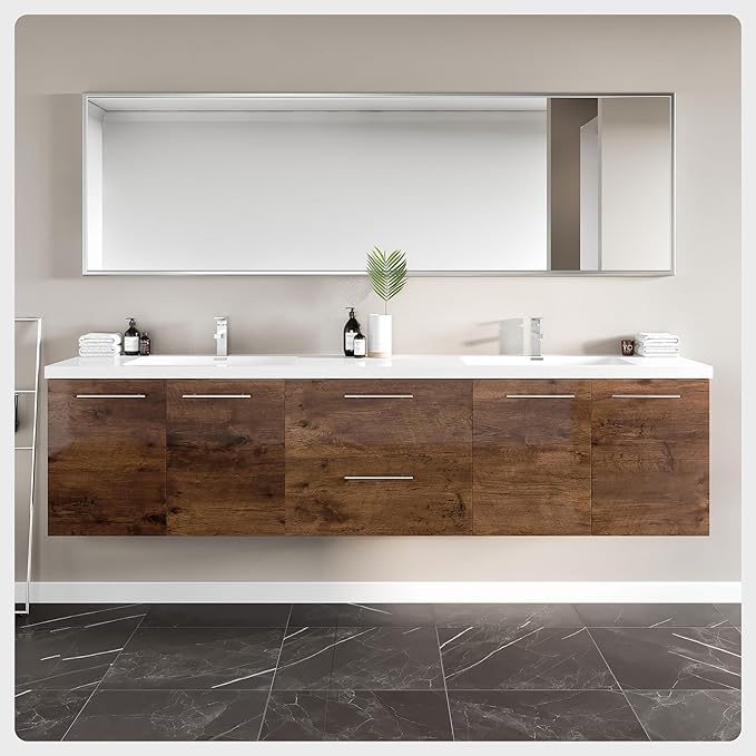 Eviva Lumina 84 in. Rosewood Wall Mount Double Sink Bath Vanity with Acrylic Top and Integrated Sinks